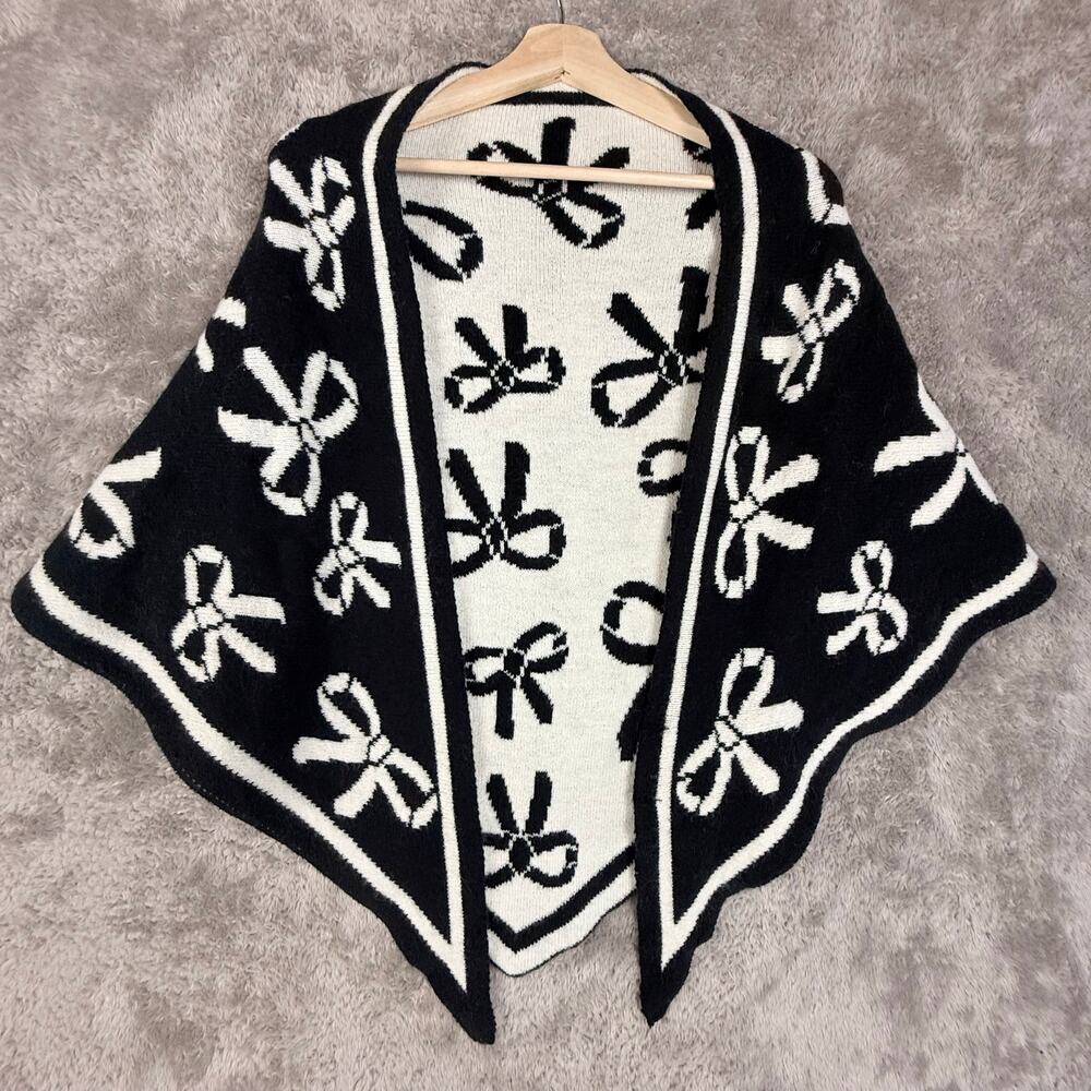 Rachel Zoe Black Cream White Bow Scarf Shawl Wrap Open Front Ponch Soft Warm